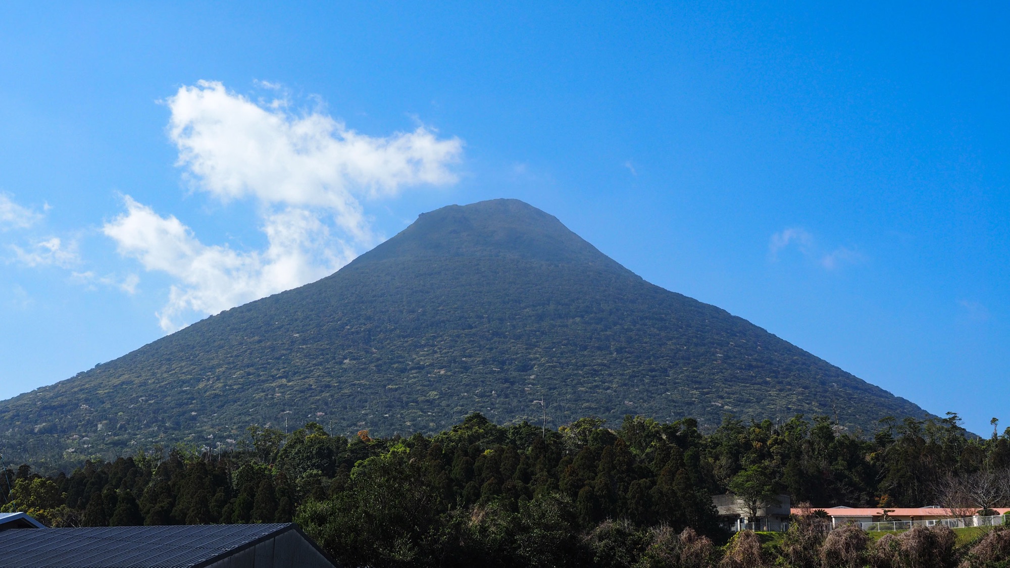 The green cone of Kaimondake (Satsuma Fuji) rising above forest under a blue sky
